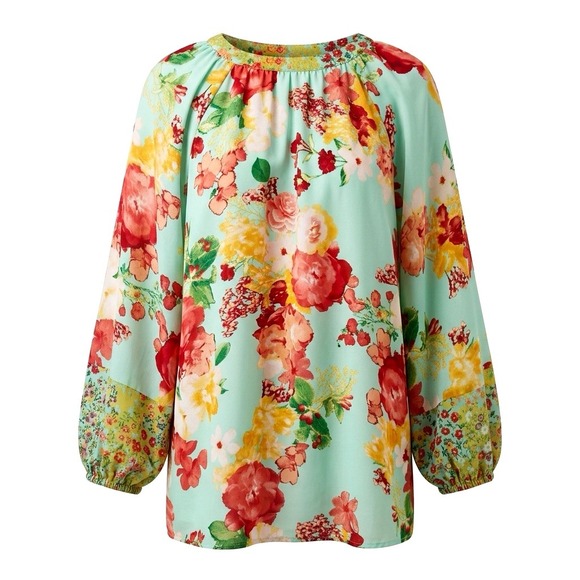 Fig & Flower V-Neck Floral 3/4 Sleeve Top Size L Festival Boho Feminine Fairy - Picture 2 of 14